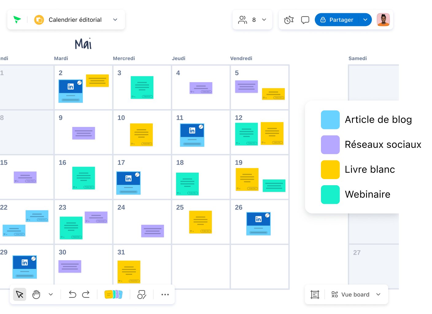 Interface Klaxoon avec planning, tâches, notes collaboratives et diffusion.