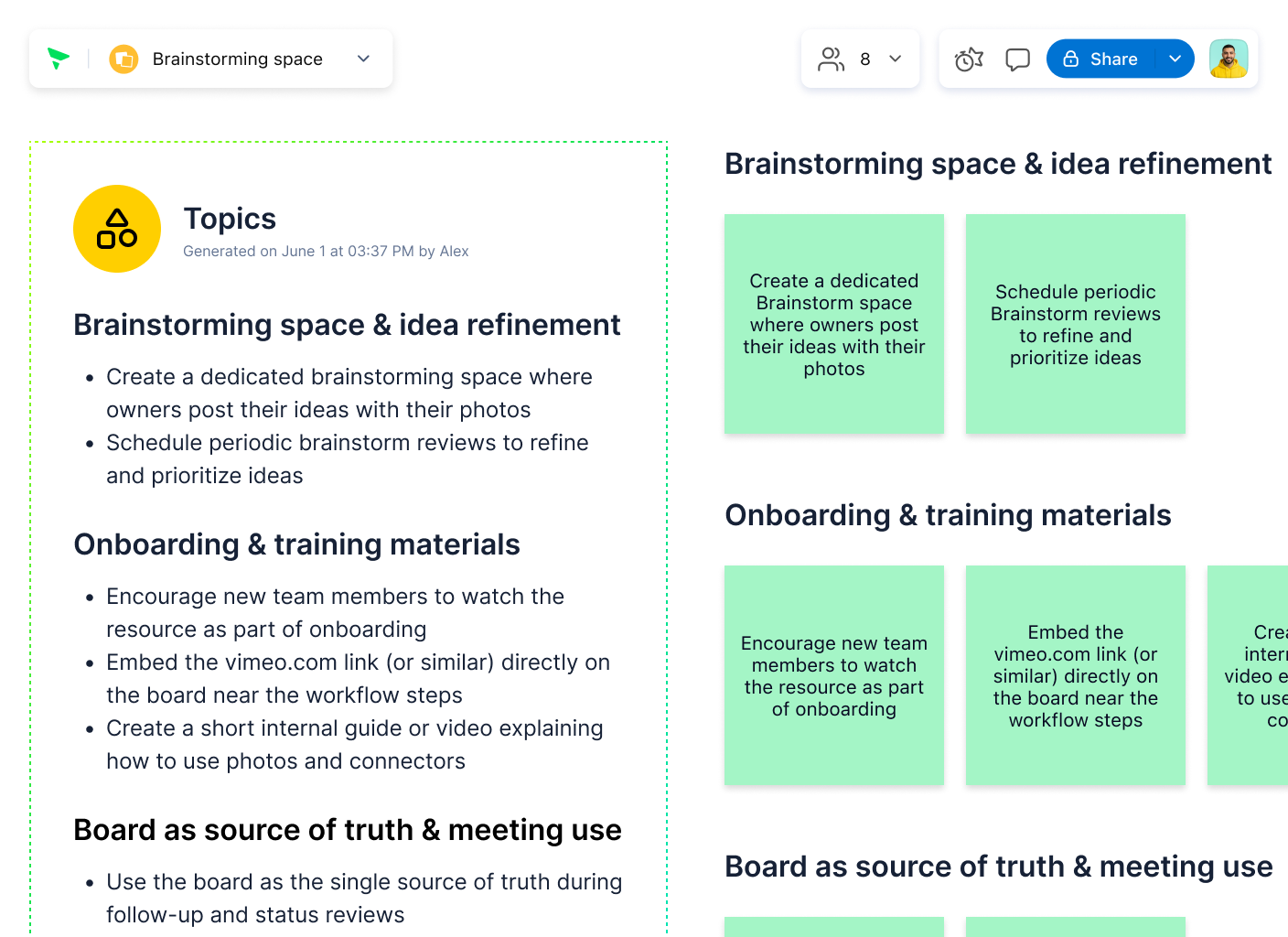 AI Group-By-Topic dashboard showing categorized notes and summary panel.