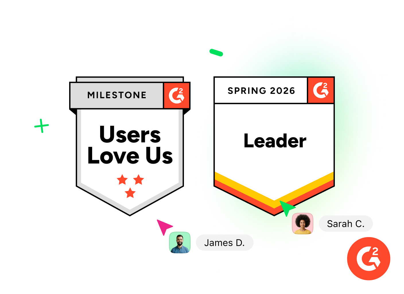 G2 badges and user review ratings for project management software.