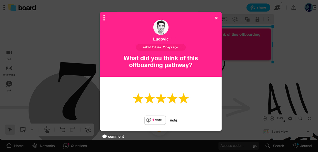 In this example, the employee gives a rating of 5 out of 5 stars to the question "What is your overall assessment of the company?" | Klaxoon