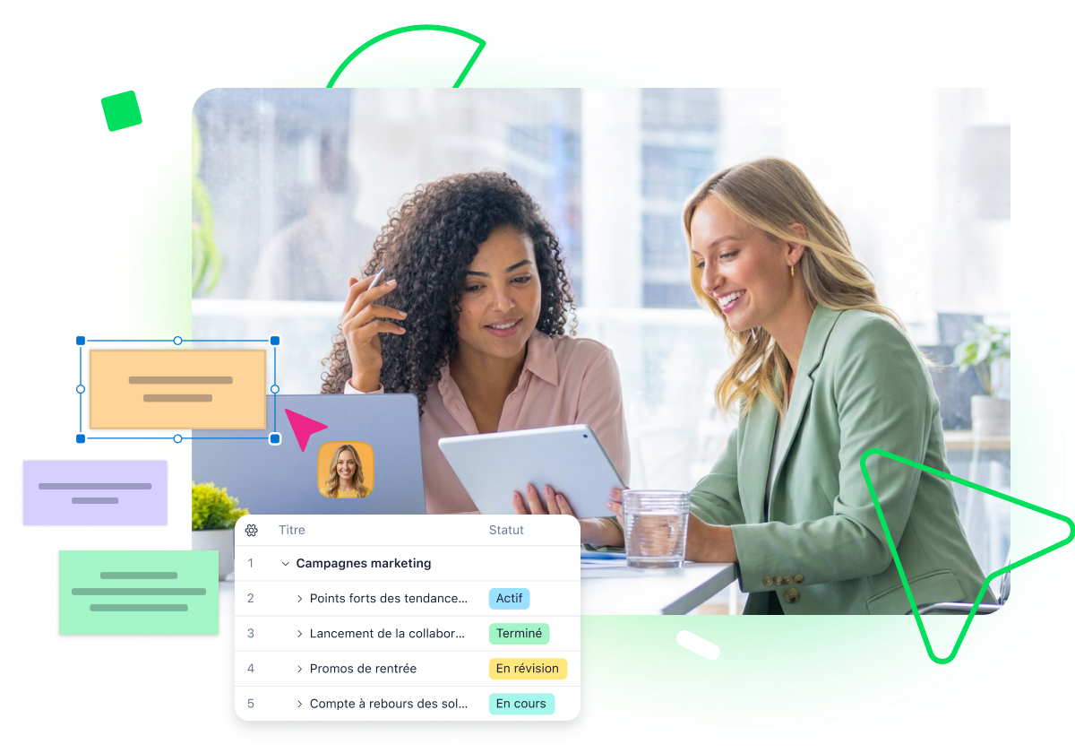 Tableau de bord Klaxoon pour gestion de campagne marketing et collaboration.