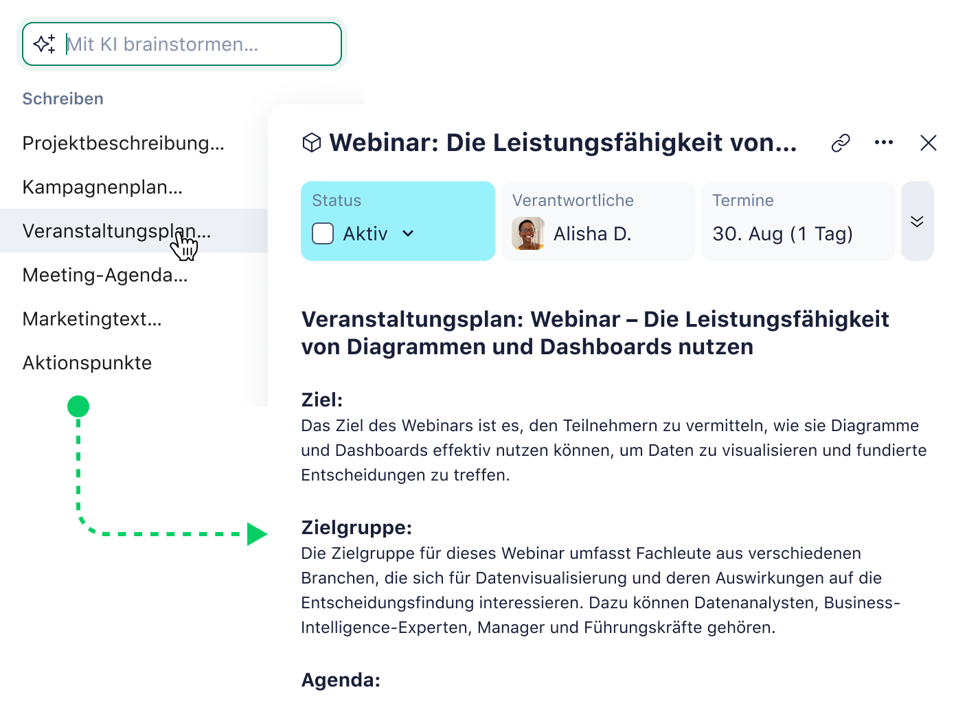 Wrike-Webansicht mit KI-gestützter Aufgabenbeschreibung für Projekte.