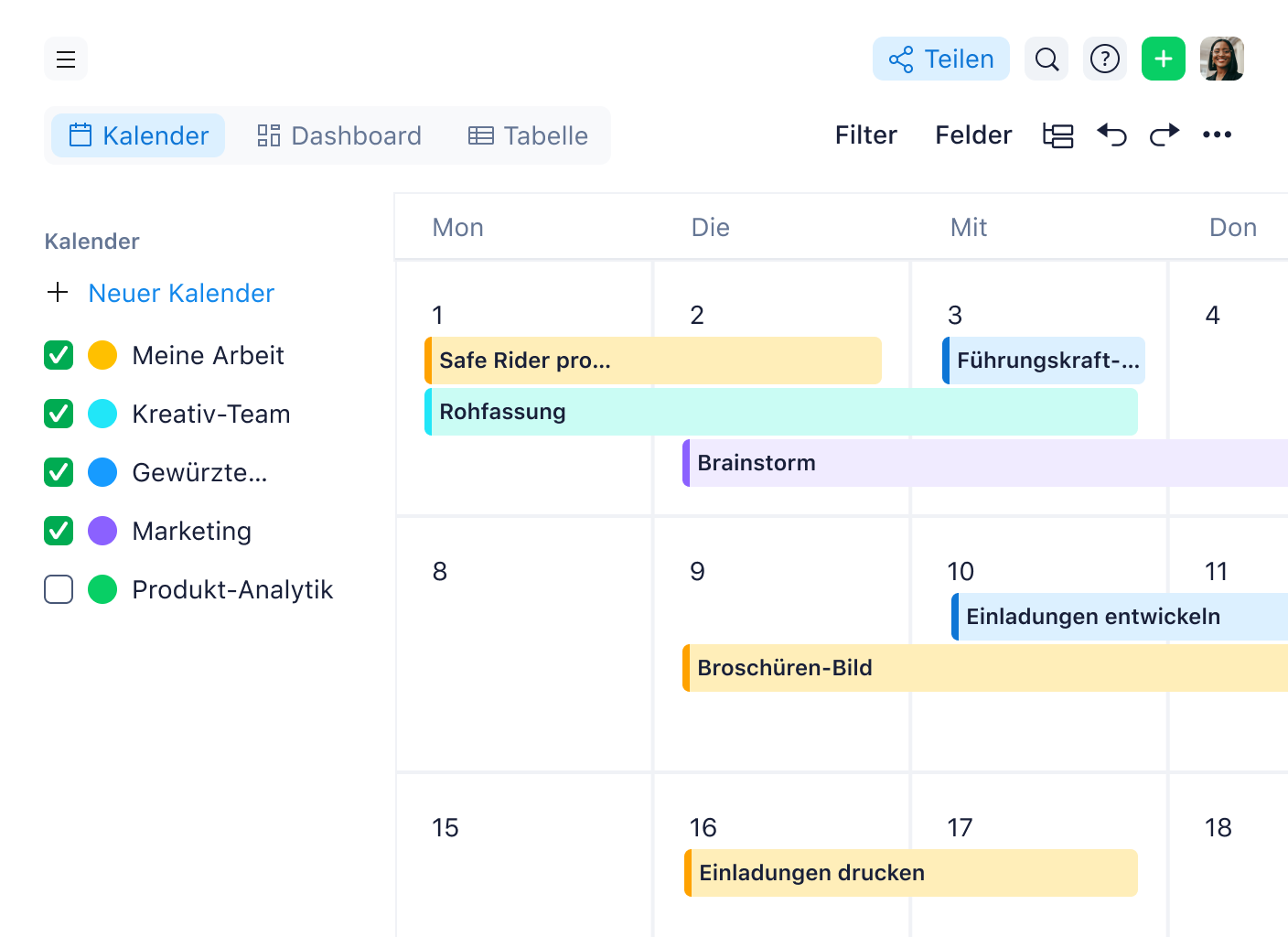 Arbeitskalender mit Monatsansicht, Aufgabenleisten und neuer Kopfzeile.