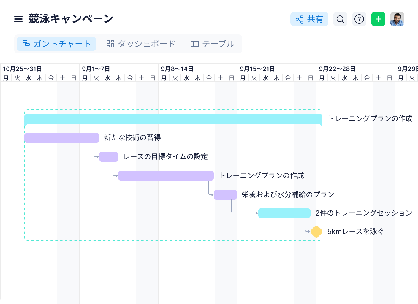 Wrikeの競泳レースガントチャートでタスクとスケジュールを表示する画面.