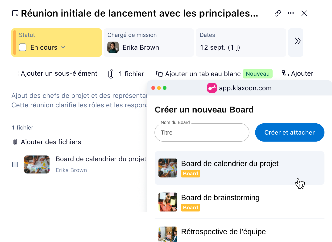 Interface montrant l'attachement d'un tableau Klaxoon à une tâche.