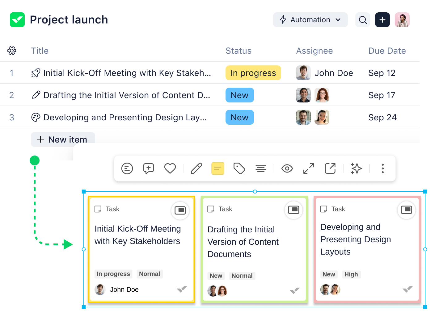 Import task to Klaxoon board dialog with task details and mapping options.