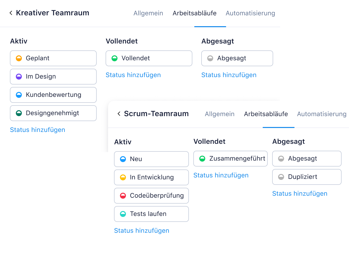 Wrike-Interface mit Space-spezifischen Workflows und Kanban-Statusspalten.