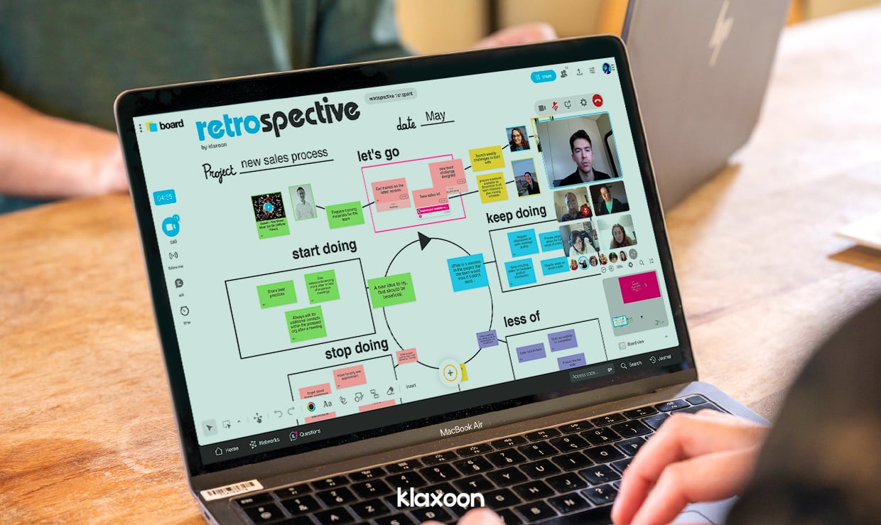 A team gathered remotely on a Klaxoon Board designed after the ready-to-use Retrospective template. | Klaxoon