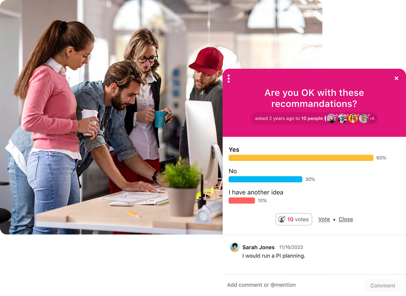 Interactive poll results chart with colored bars and participant icons.