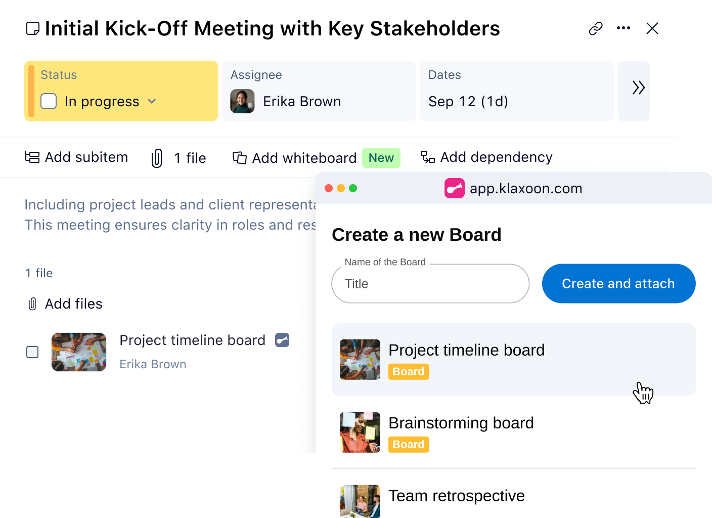 Wrike task interface showing Klaxoon board integration modal.