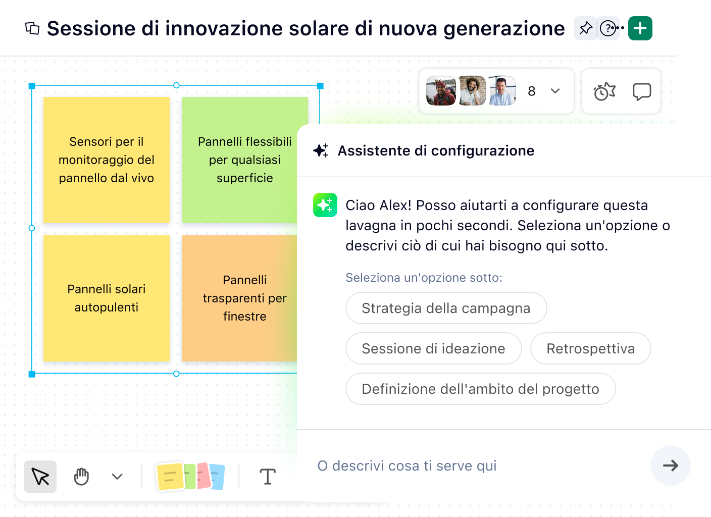 Lavagna digitale Wrike con assistente AI per riassumere contenuti e diagrammi.