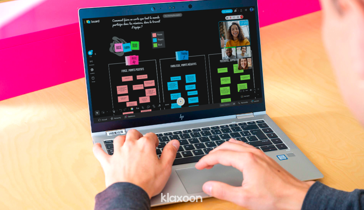 Sur un écran d’ordinateur portable, un Board avec le template Rose, Thorn, Bud prêt à l’emploi | Klaxoon