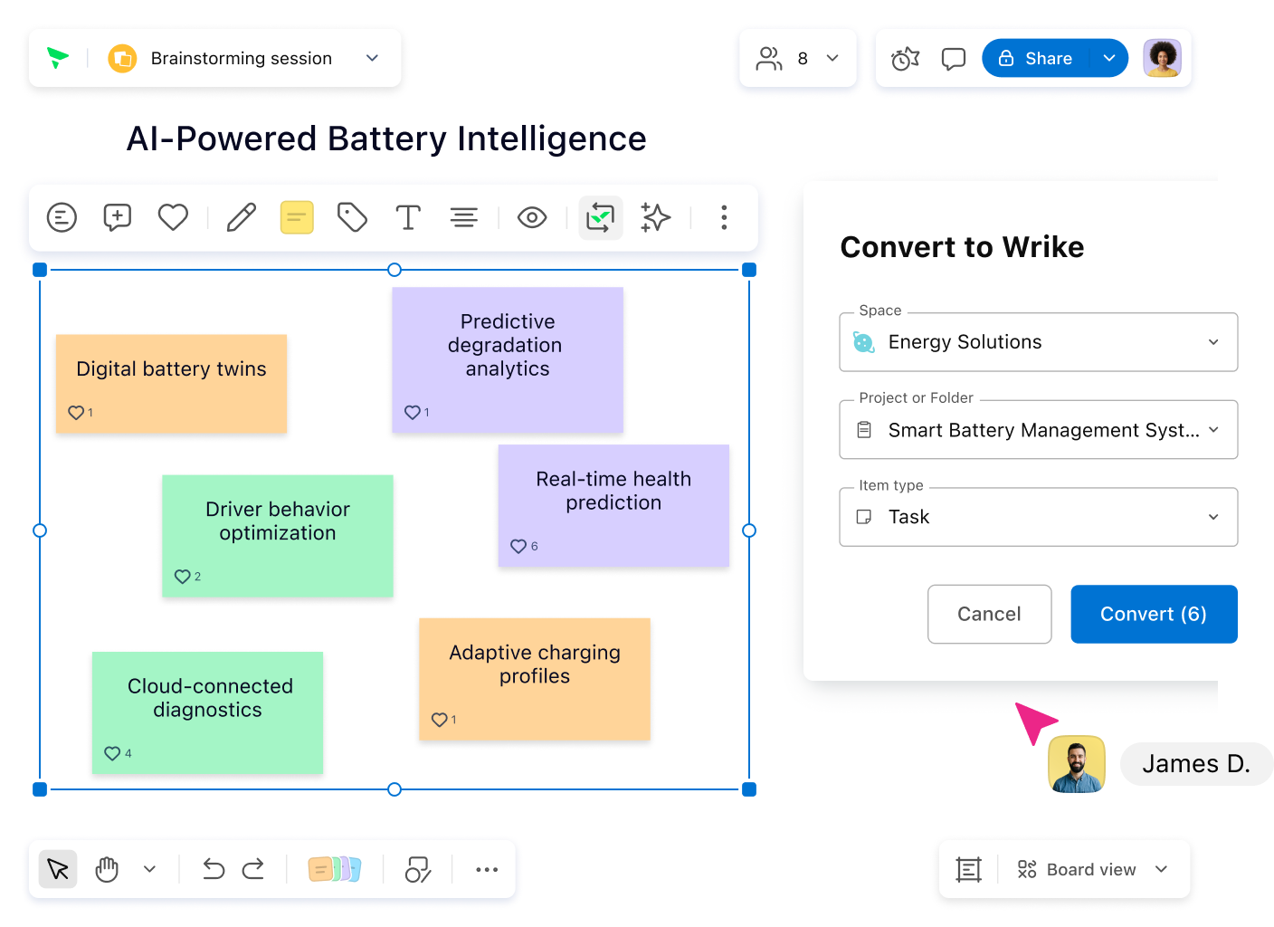 Product lifecycle visual brainstorming board with color-coded sticky notes and timeline.