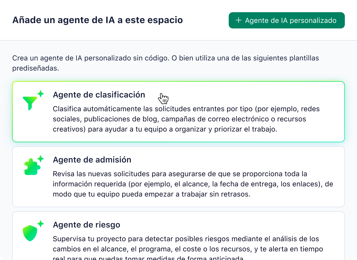 Interfaz de Wrike con agentes de IA preconstruidos.