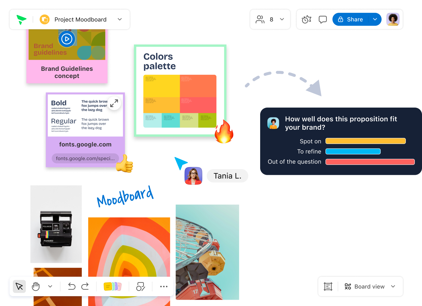 Creative moodboard with images, sticky notes and collaboration tools.