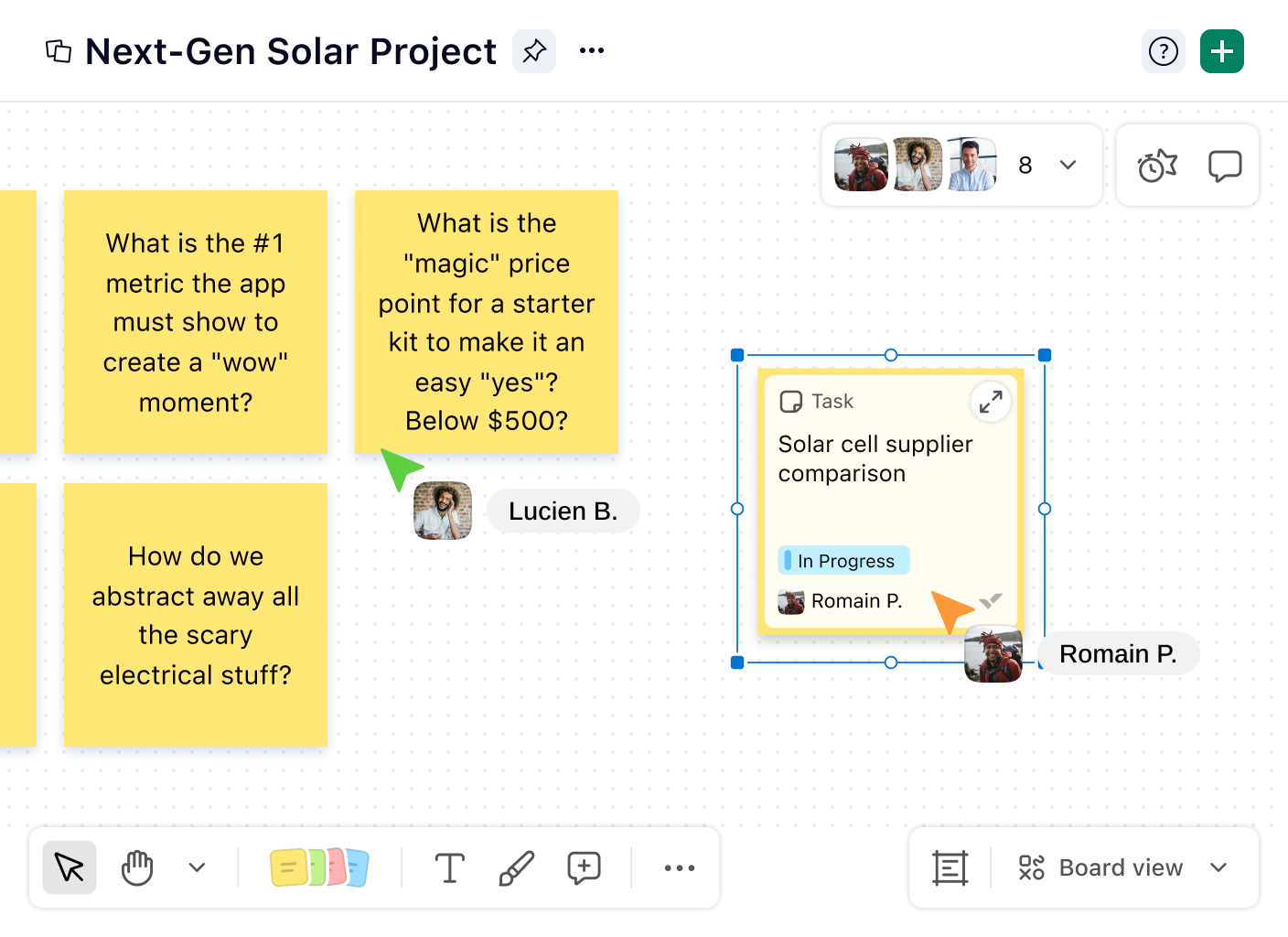 Collaborative digital whiteboard with sticky notes, connectors and task cards.