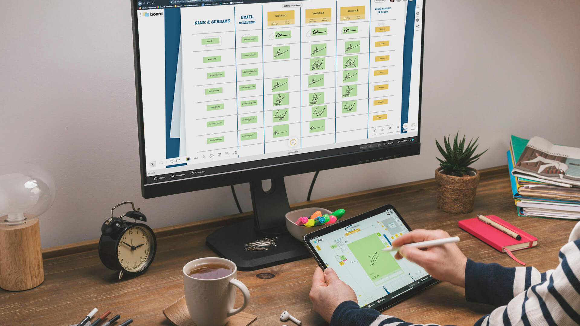 A person working remotely on a computer that displays the Attendance Sheet template, completed with several signatures. | Klaxoon