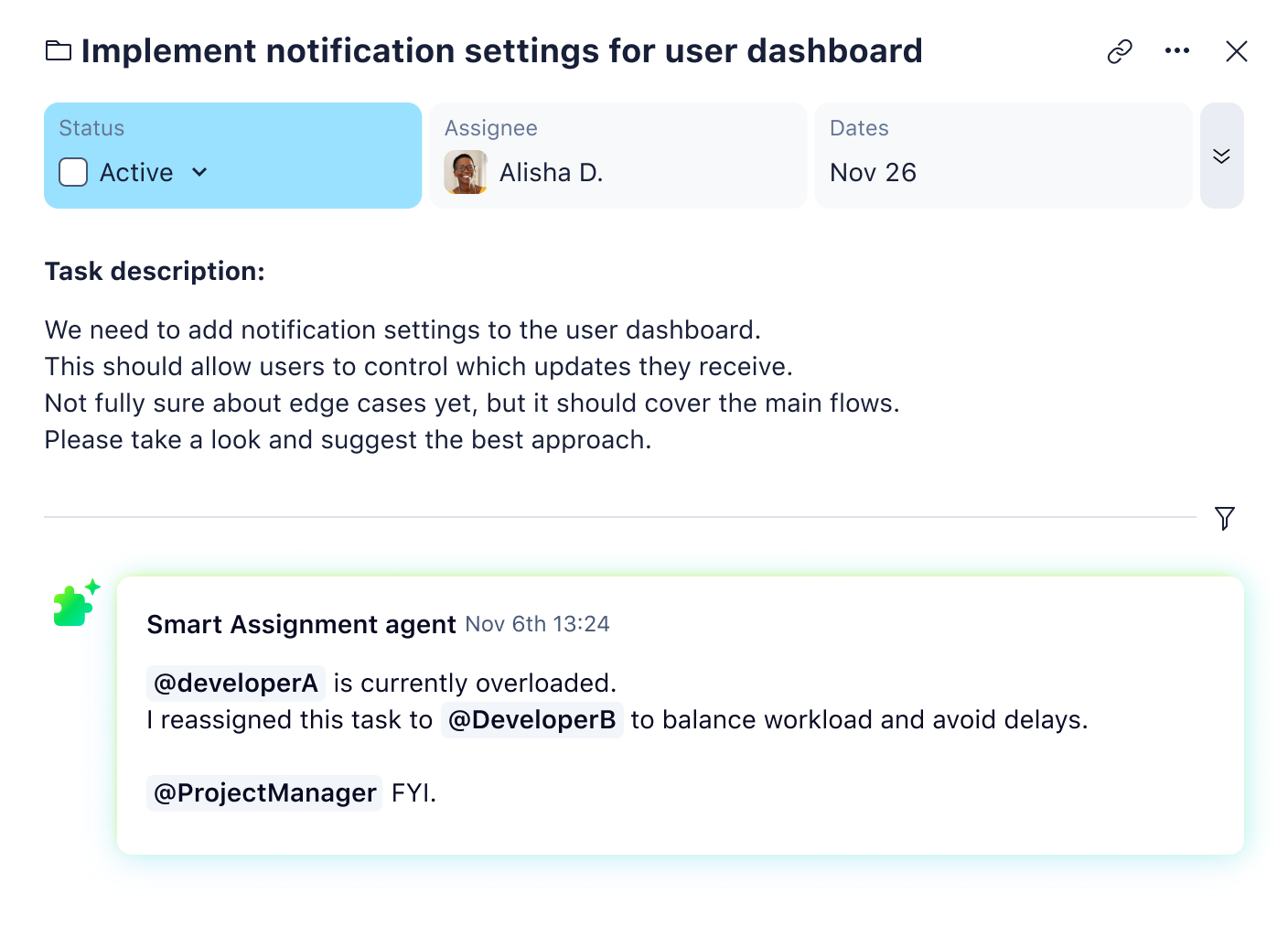 Wrike AI Agents task assignment panel with suggested tasks like research and follow-up.
