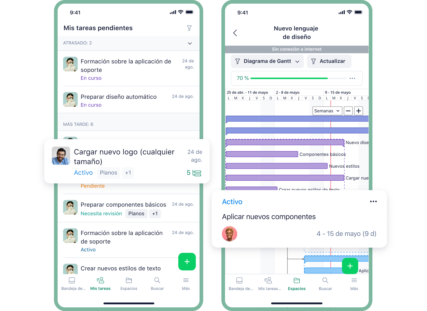 Aplicación móvil Wrike mostrando lista de tareas pendientes en proyecto.