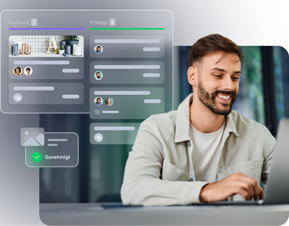 Projektmanagementsoftware auf Laptop und Smartphone mit Aufgaben- und Kalenderübersicht.