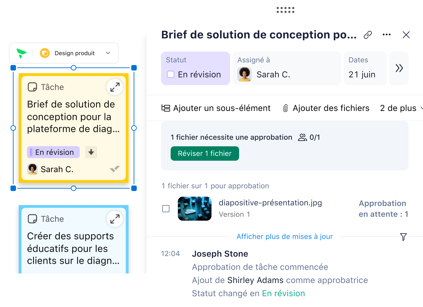 Validation de design avec commentaires, tâches et flux de révision.