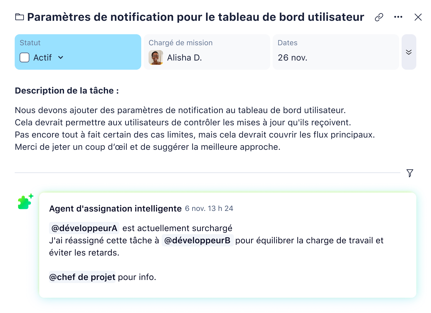 Interface Wrike montrant l’affectation de tâches par agents IA.