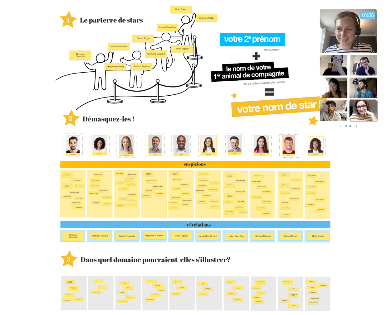 Les membres d'une équipe sont connectés sur Board en visioconférence, pour réaliser l'icebreaker "une star est née". | Klaxoon