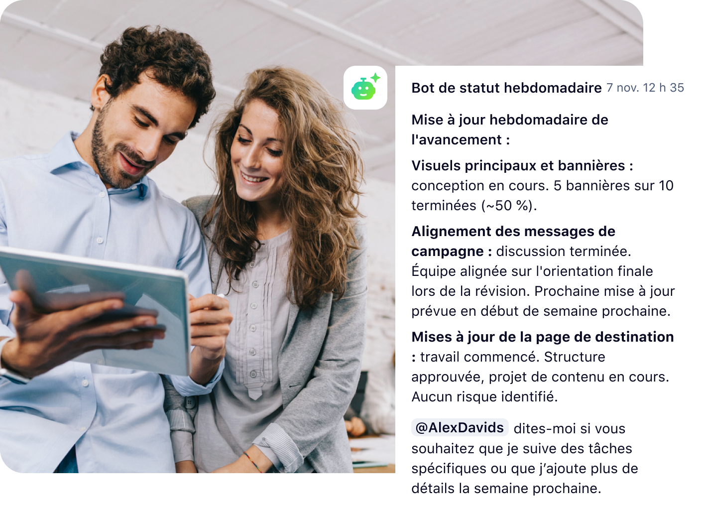 Interface Slack affichant Status Bot AI avec tâches pour les agents CFO, Marketing et Data.