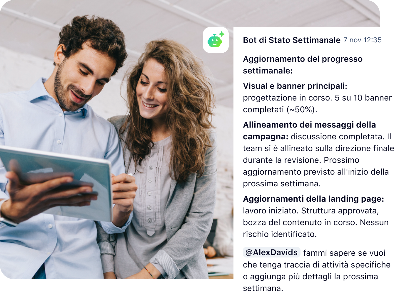 Schermata Wrike con widget Bot di stato IA che mostra conversazioni attive.