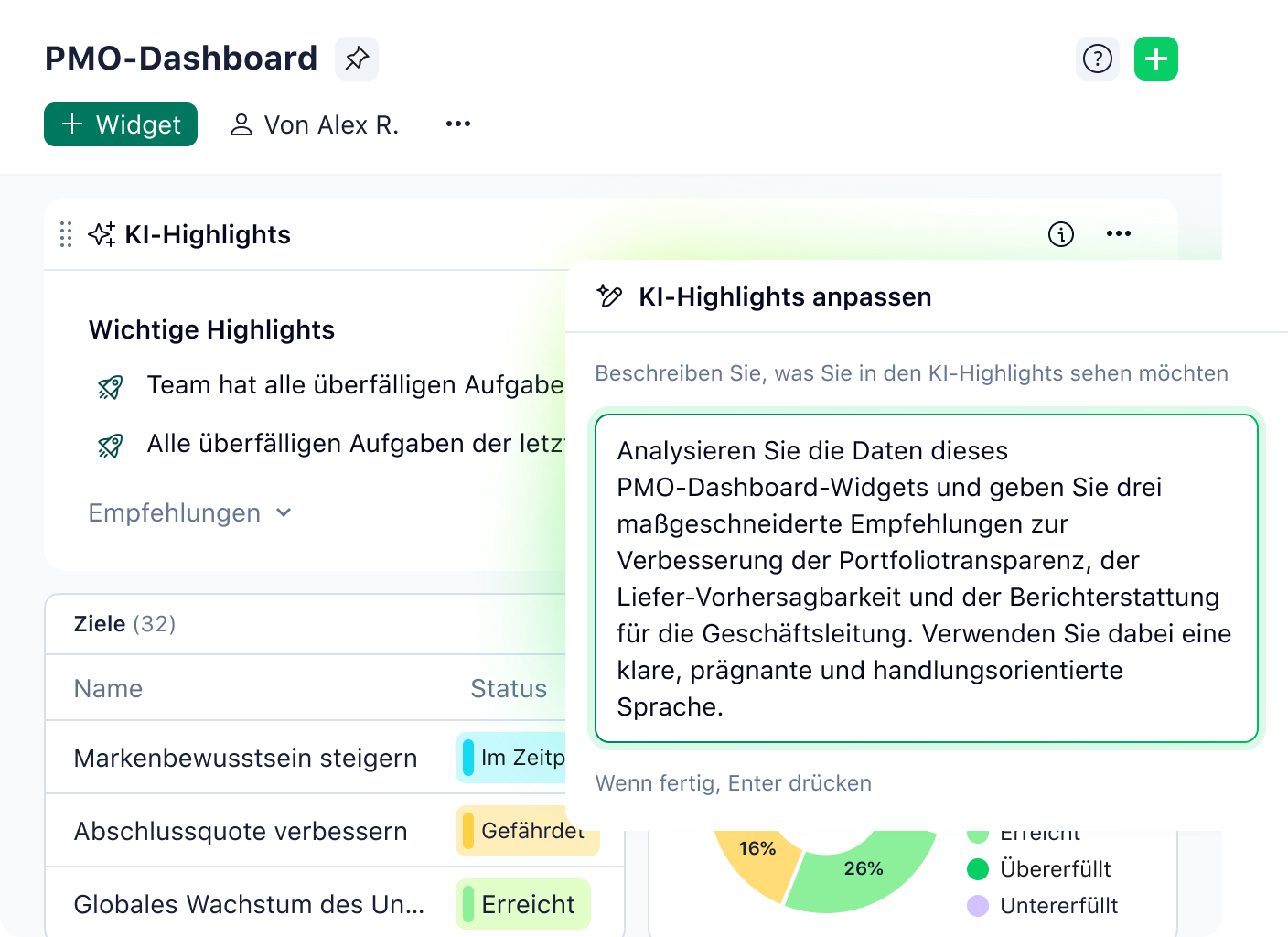 Personalisierte KI-Highlights im Wrike-Dashboard mit Projektaufgaben und Statusübersicht.