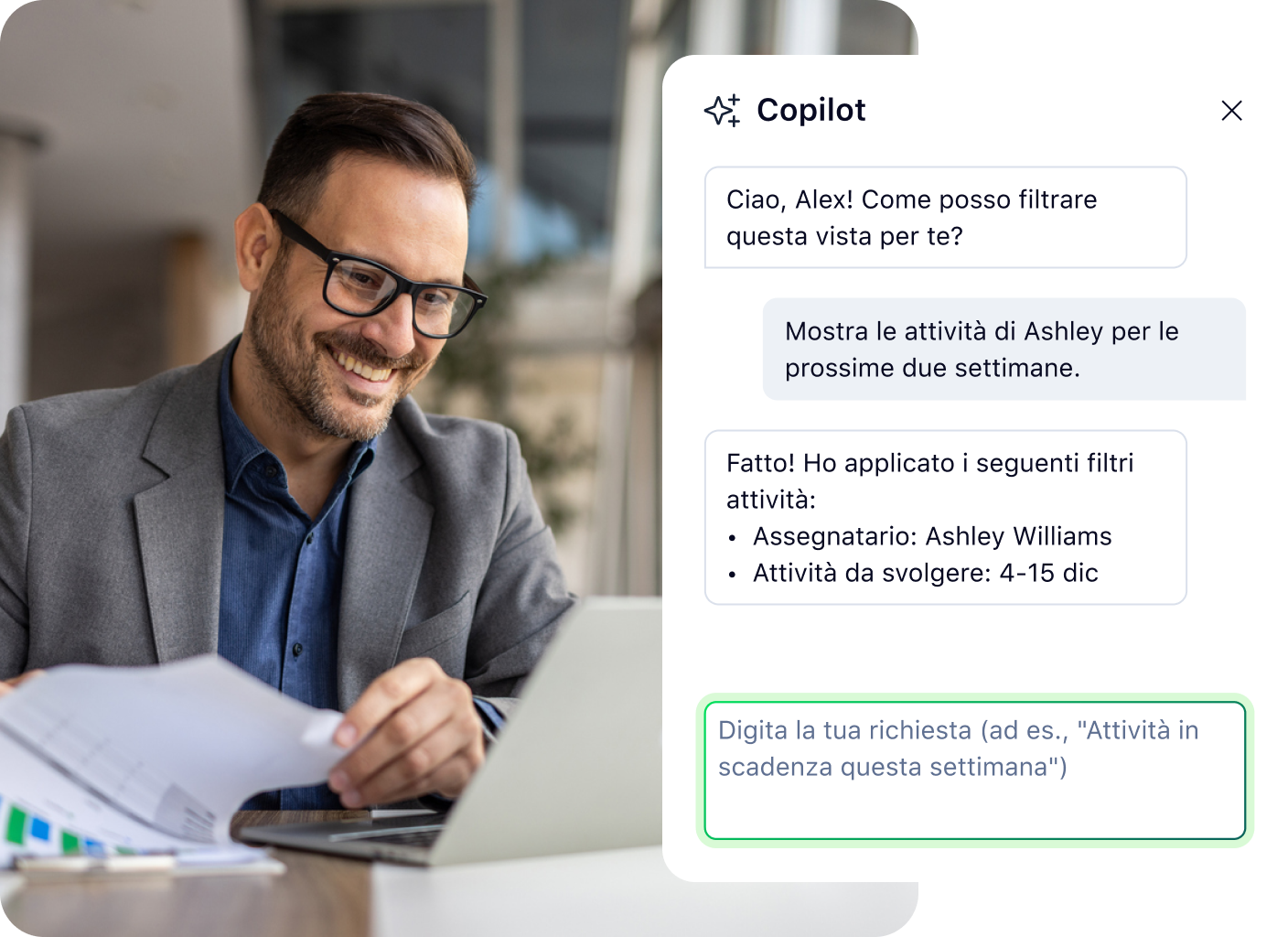 Interfaccia Wrike Copilot per risorse IT con menu laterale e finestra chat di supporto.