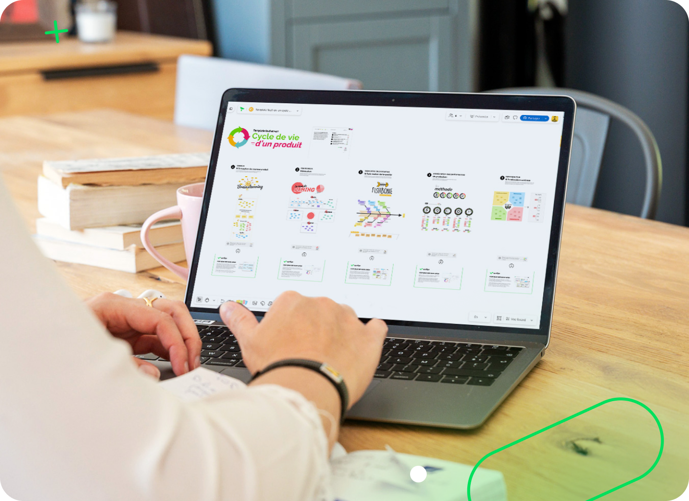 Tableau de cycle de vie produit avec colonnes, cartes et tâches collaboratives.