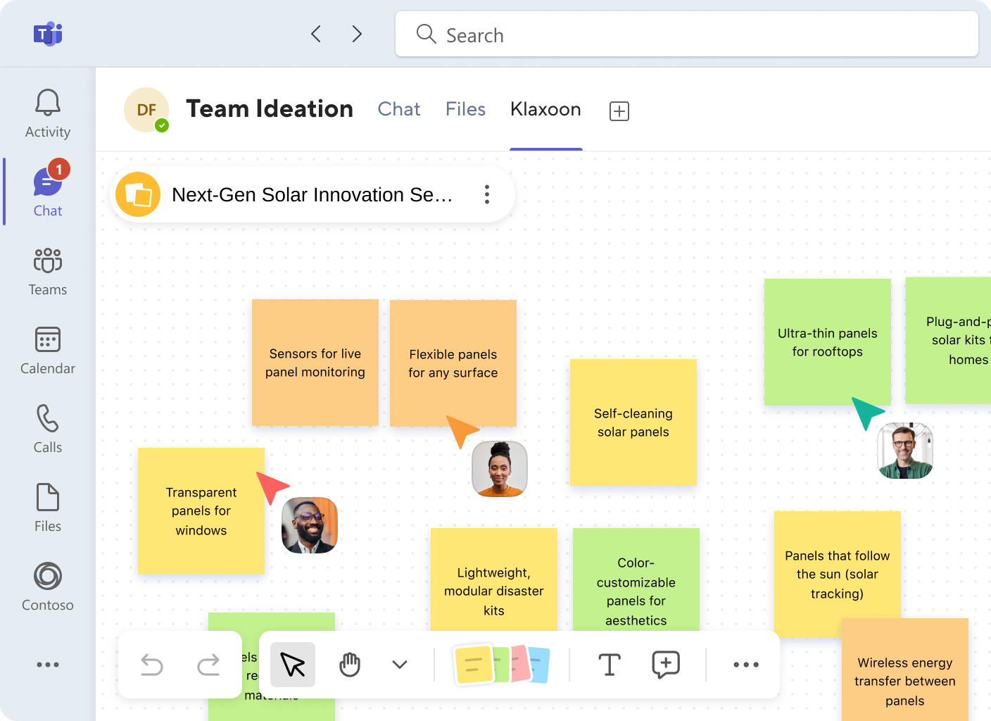 Klaxoon whiteboard with sticky notes integrated into Microsoft Teams interface.