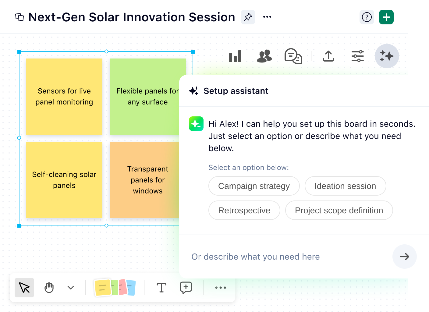 Digital whiteboard with project mind map and Whiteboard AI Assistant panel showing planning steps.