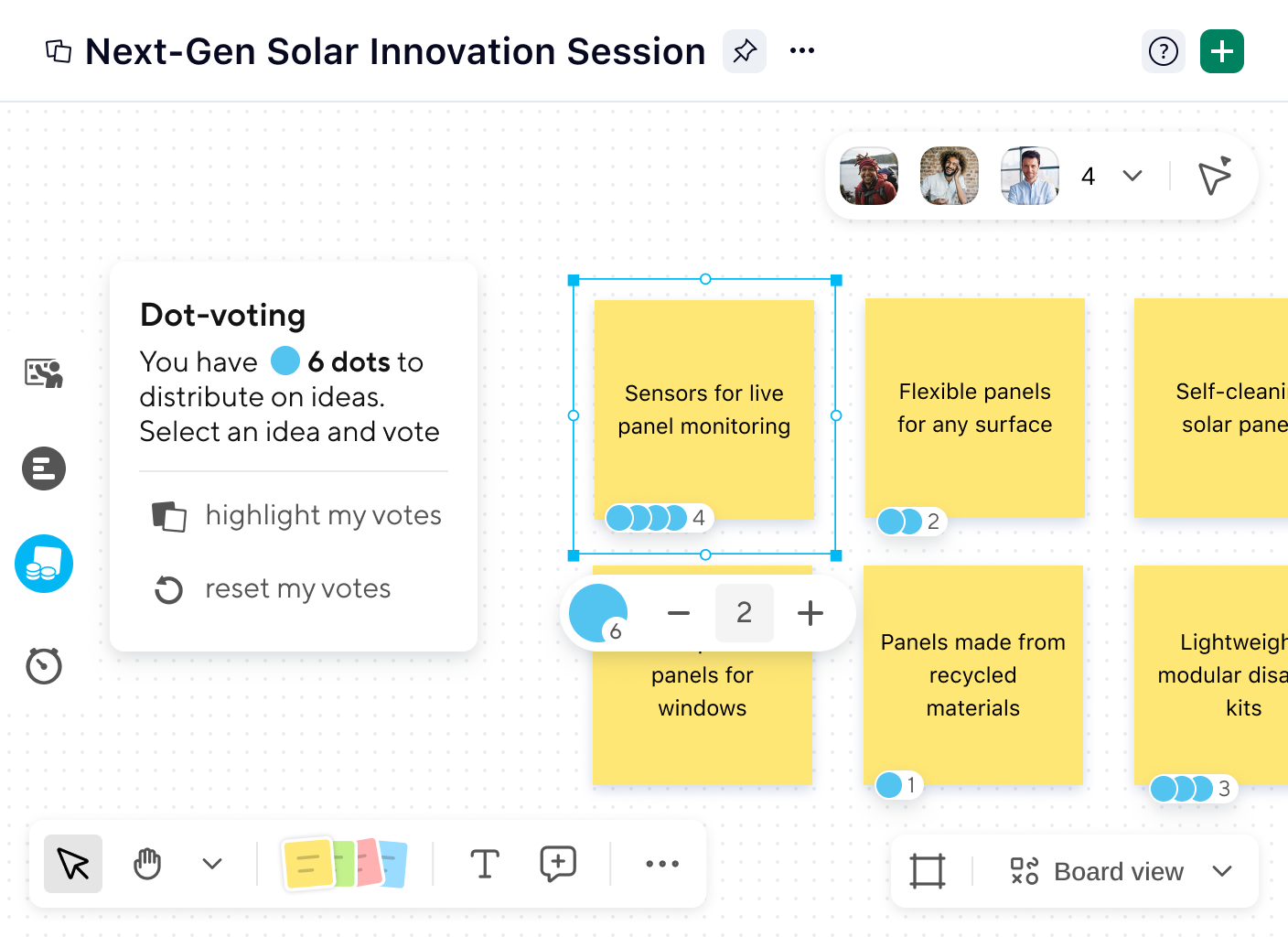 Interactive whiteboard with dot voting on task cards.