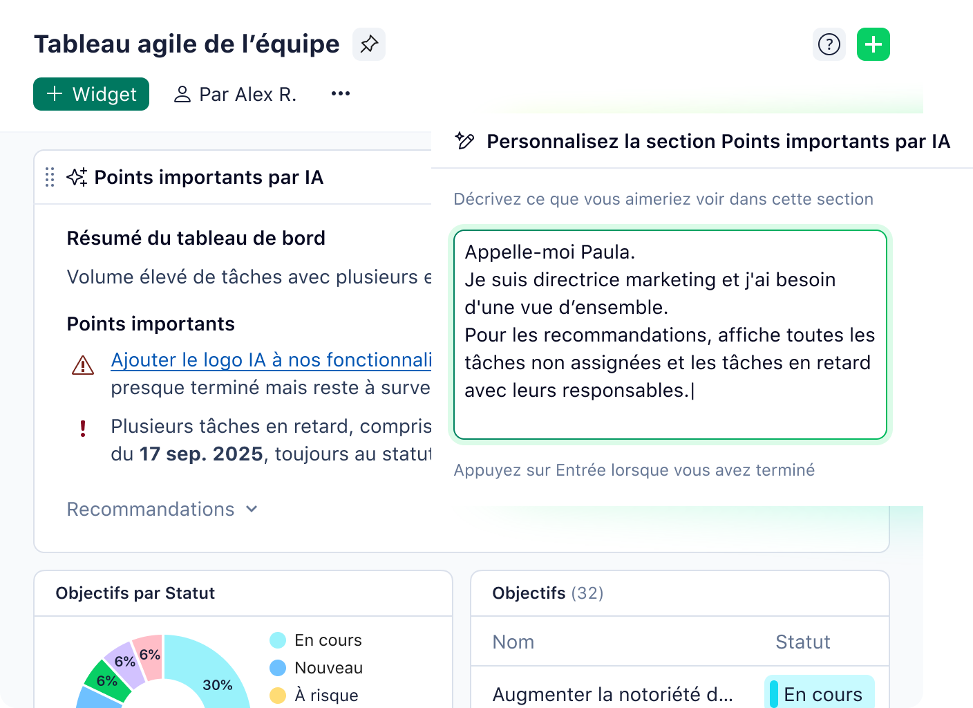 Tableau de bord Wrike affichant les points forts IA personnalisables et les réglages de résumé.