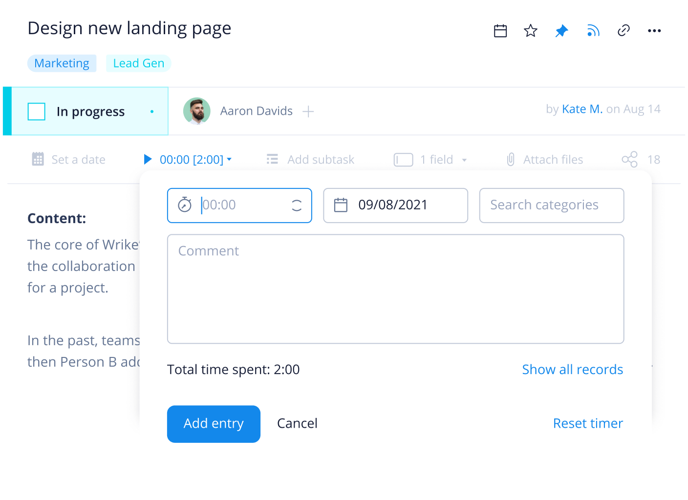 Wrike time tracking dashboard with timer controls and task list details.