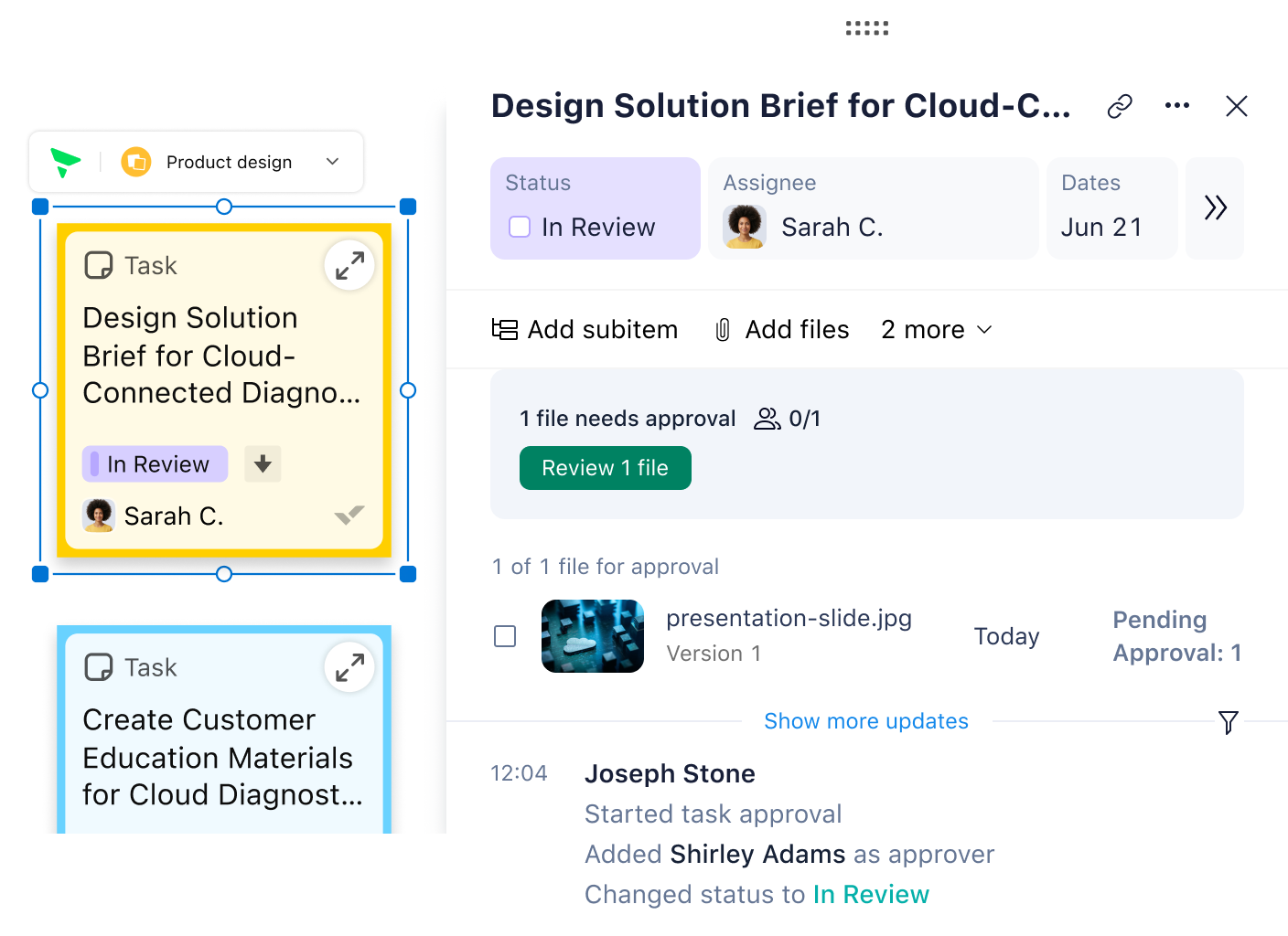 Klaxoon Design Approval interface showing task list, comments and annotated screenshot.