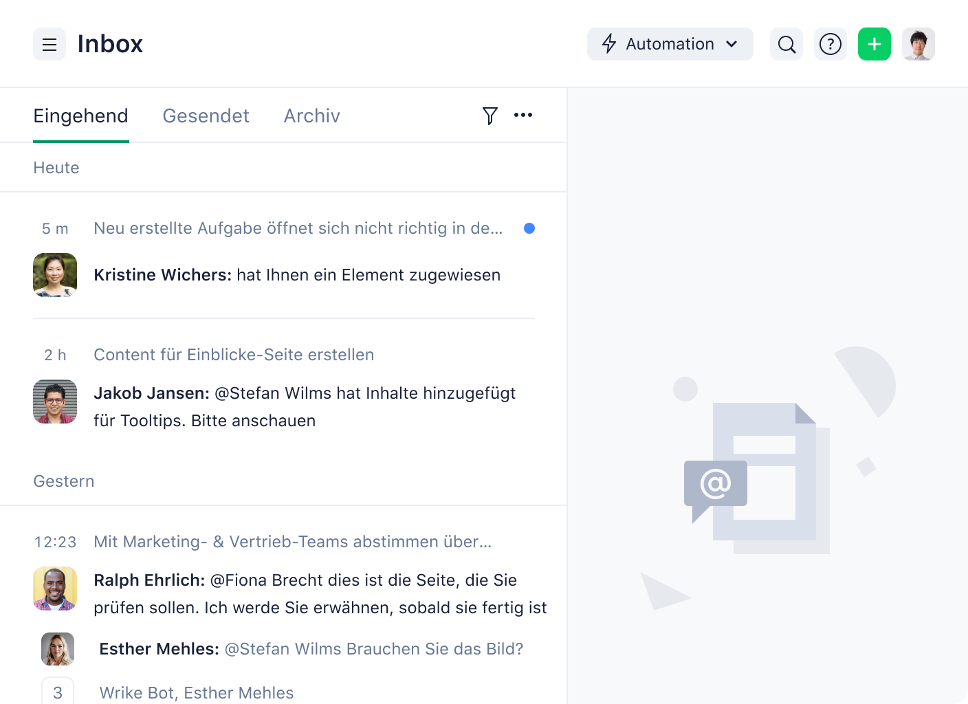 Wrike Inbox Website-Screenshot mit Aufgabenliste, Nachrichten und Projektnavigation.
