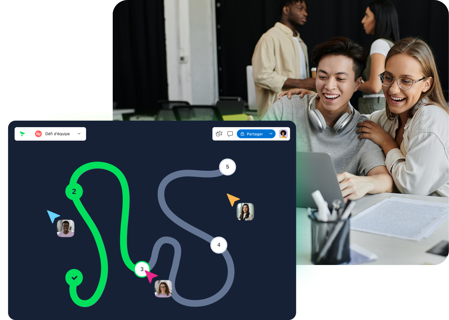 Tableau de bord Klaxoon Adventure avec carte interactive, activités et statistiques.