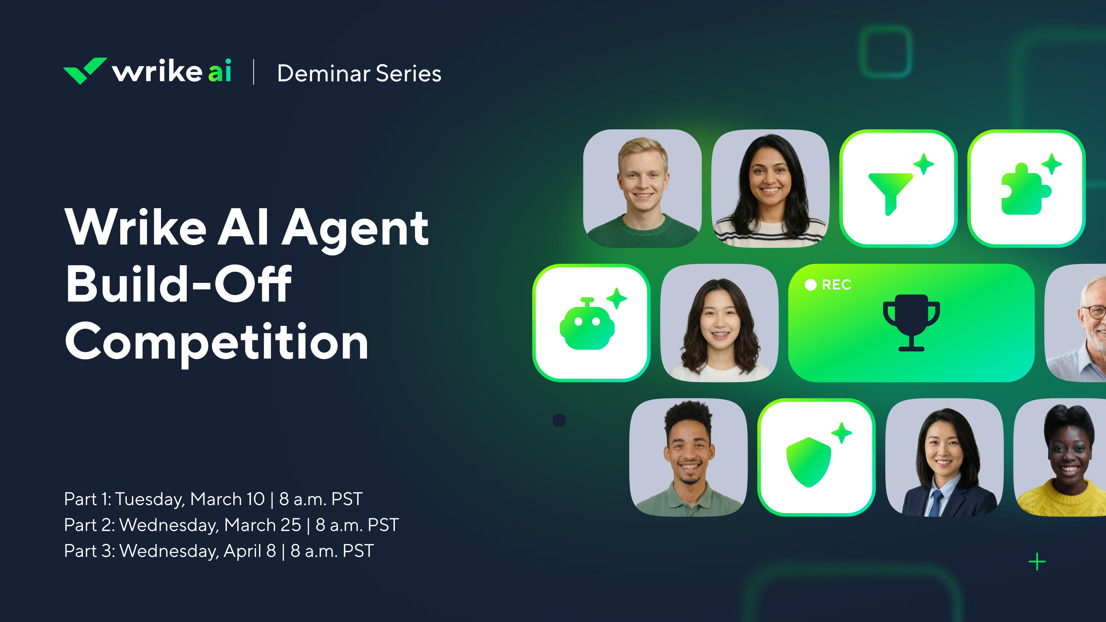 Green presentation title slide template with laptop, smartphone, coffee cup and text placeholders.