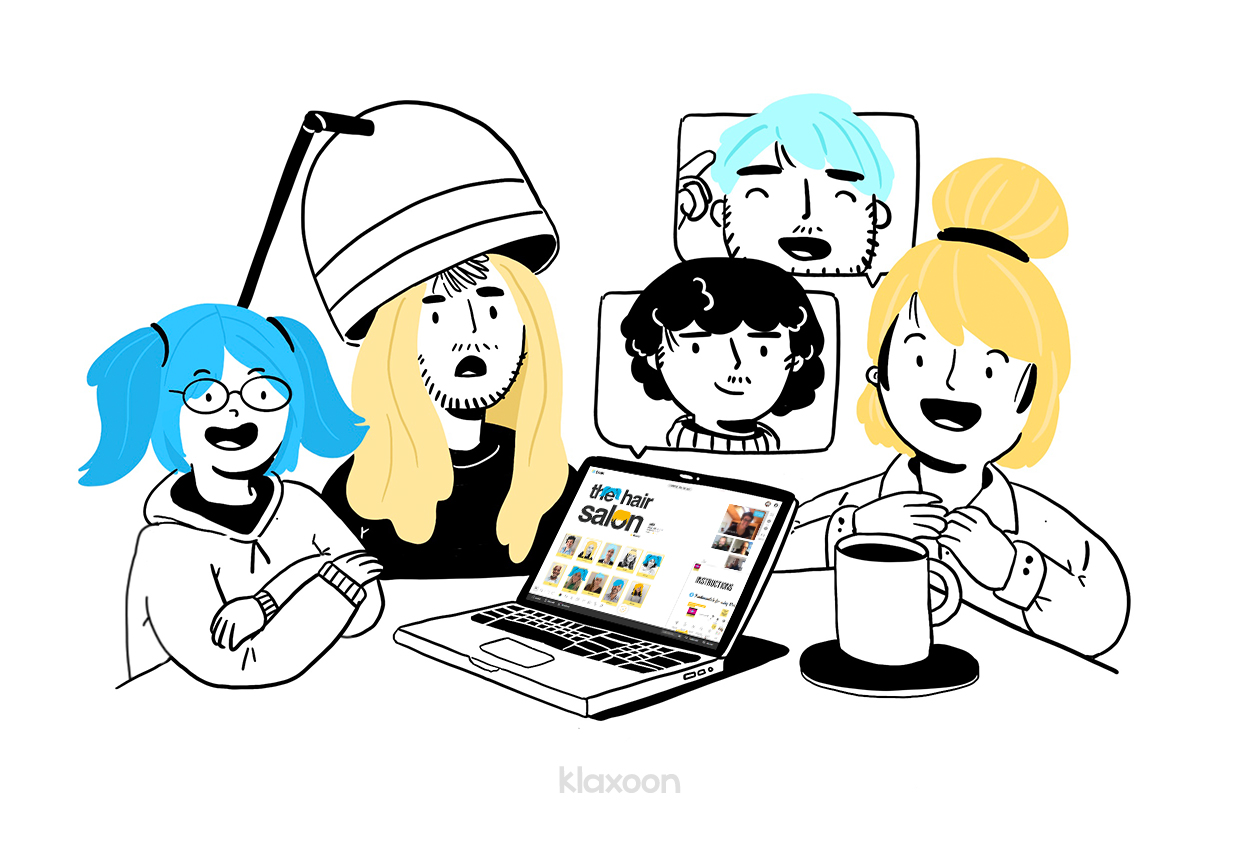 5 illustrated characters are wearing the wigs of the icebreaker "The hair salon" | Klaxoon