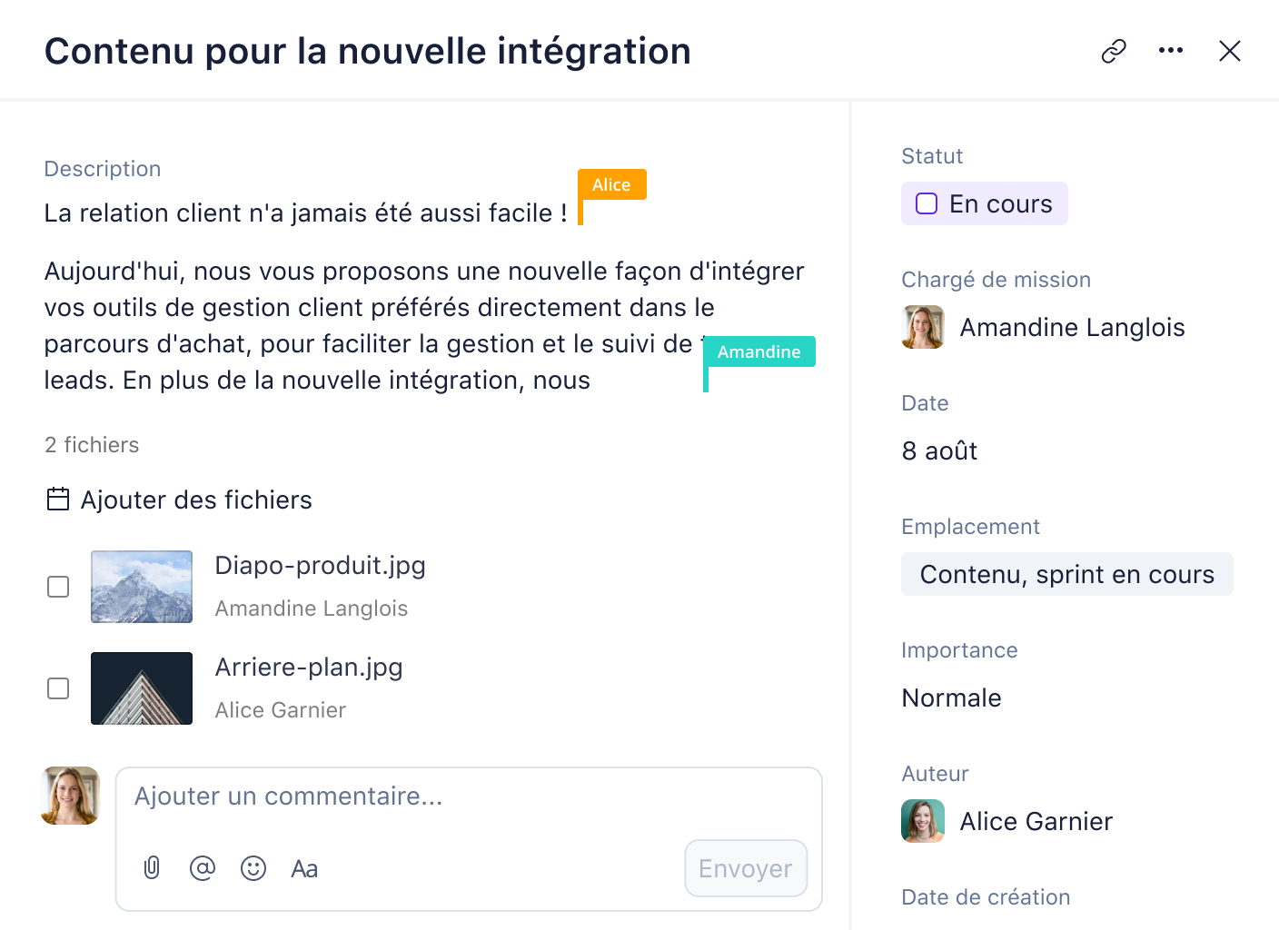 Vue de tâche Wrike montrant le contenu de la nouvelle intégration.