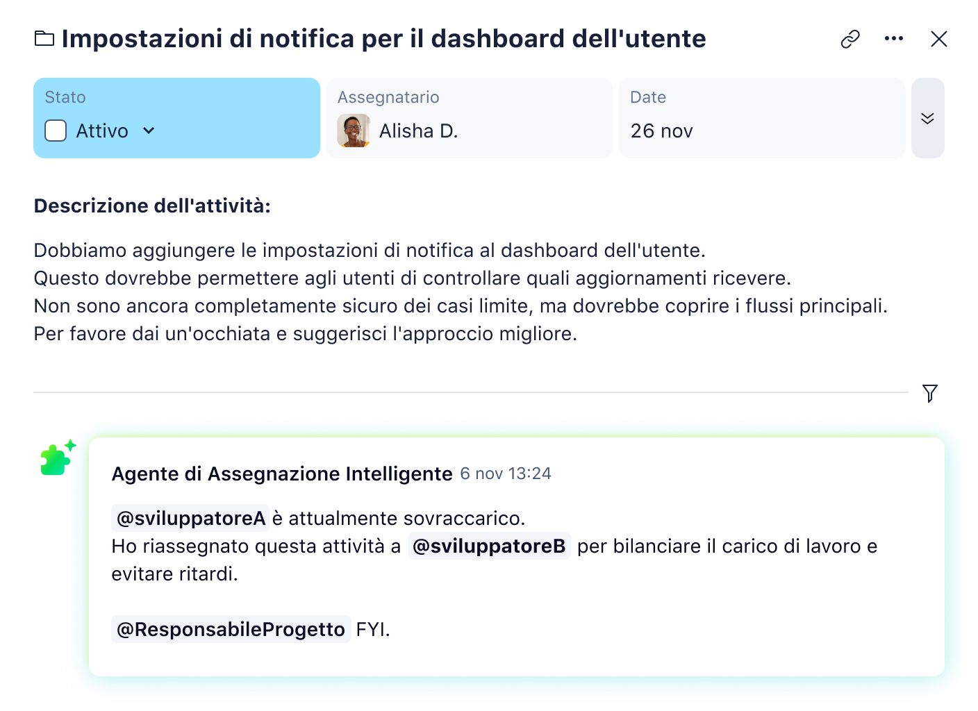 Wrike AI Agents interface assigning IT task with subtasks and task details sidebar.