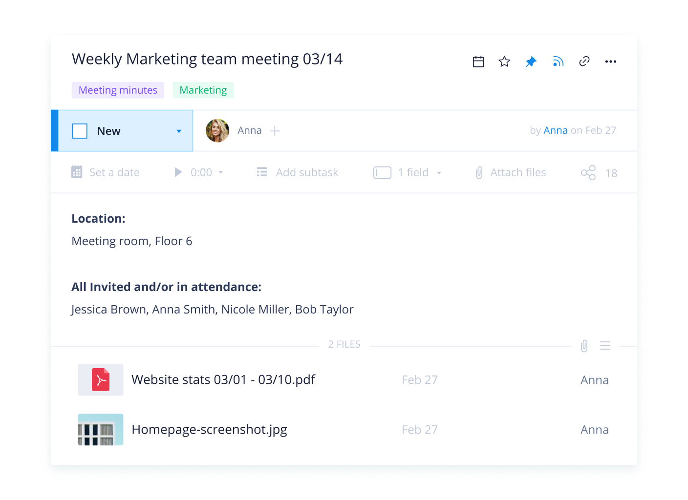 Task view showing actionable meeting notes with tasks, assignees and due dates.