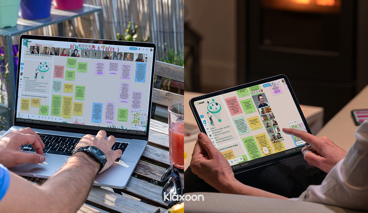 People working remotely on Board and running a brainstorming session with colleagues through videoconference. | Klaxoon
