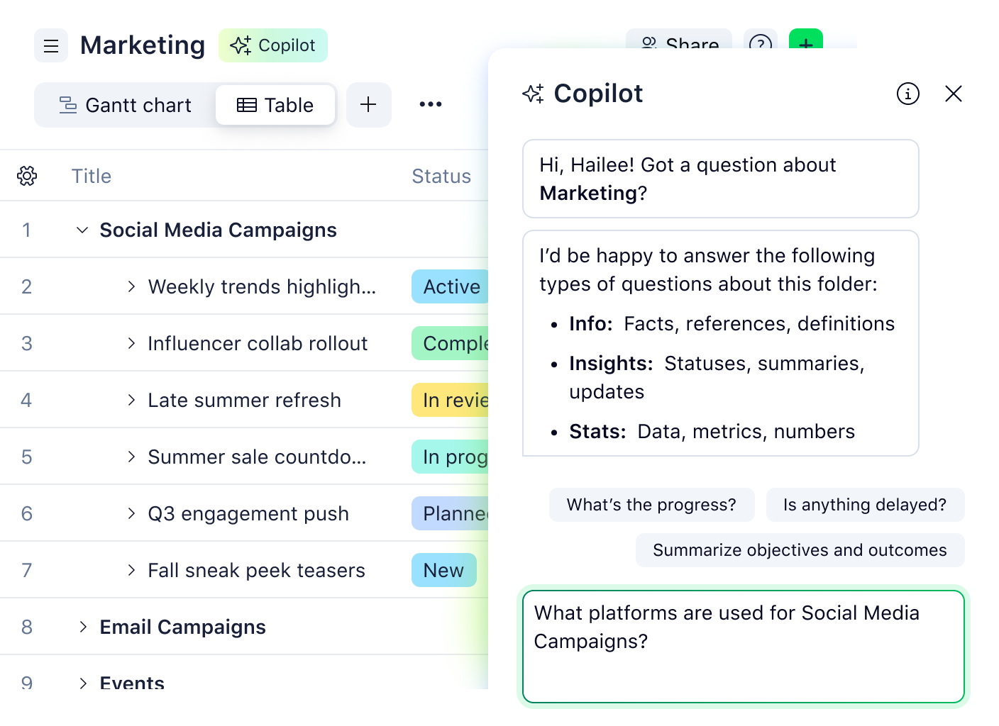 AI Copilot table view showing tasks, columns, and action suggestions.