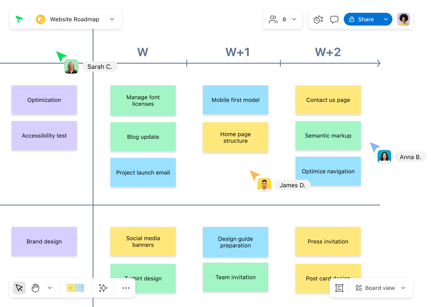Klaxoon Roadmap interface showing timeline, milestones, and task cards.