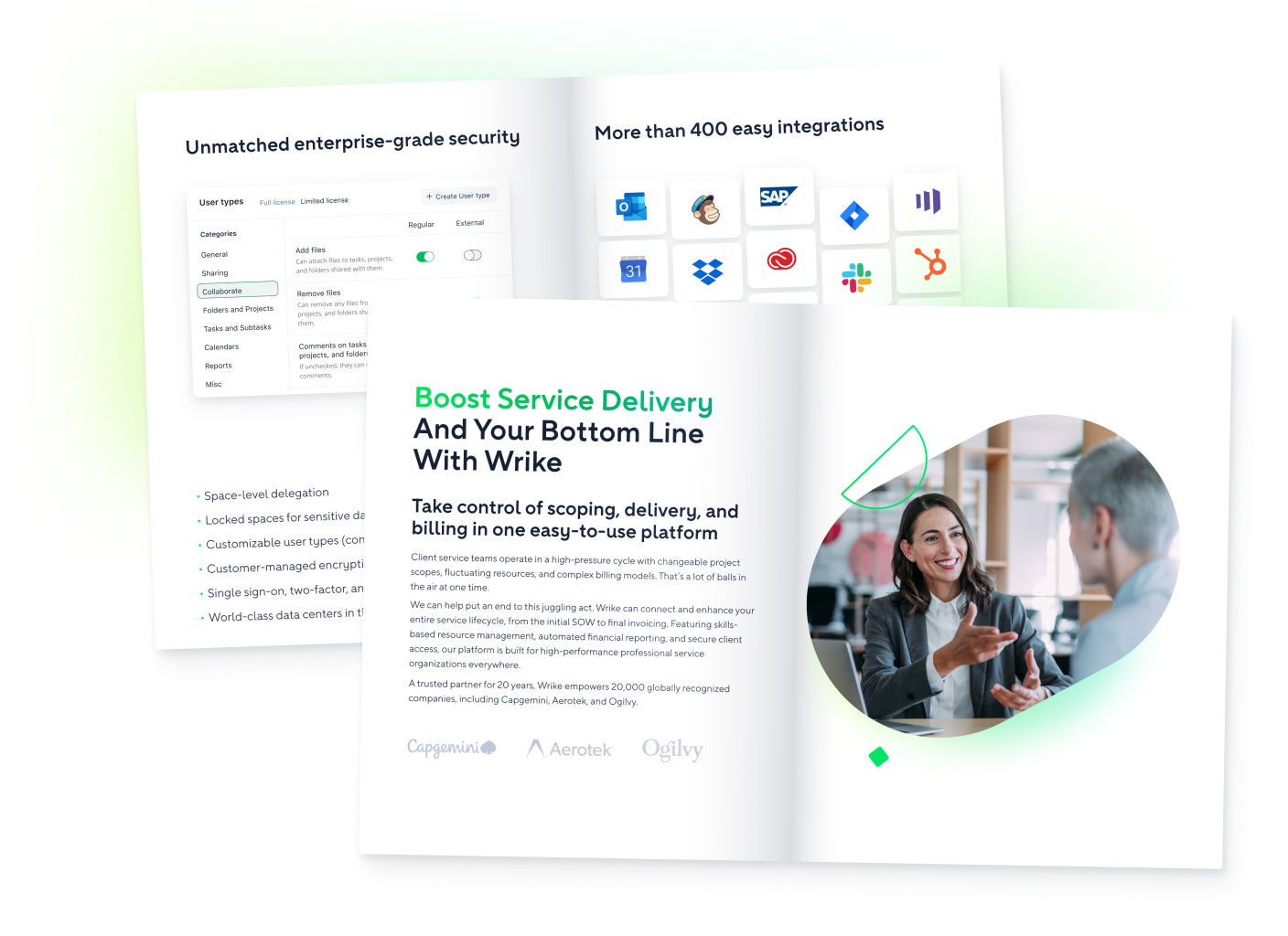 Team collaborating on service delivery dashboard with growth, profitability and efficiency icons.