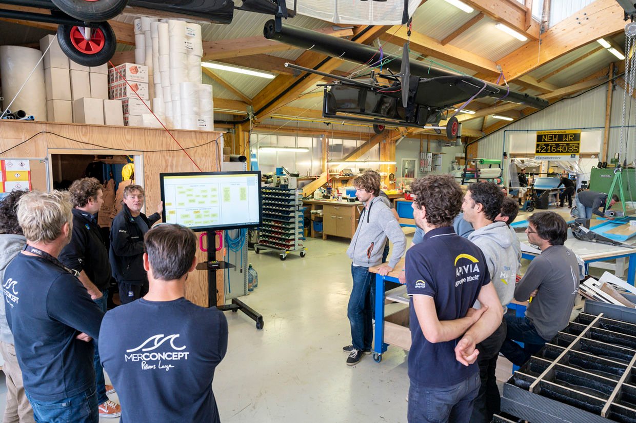 The tems at MerConcept gathered in front of a giant screen displaying a Klaxoon Board. | Klaxoon